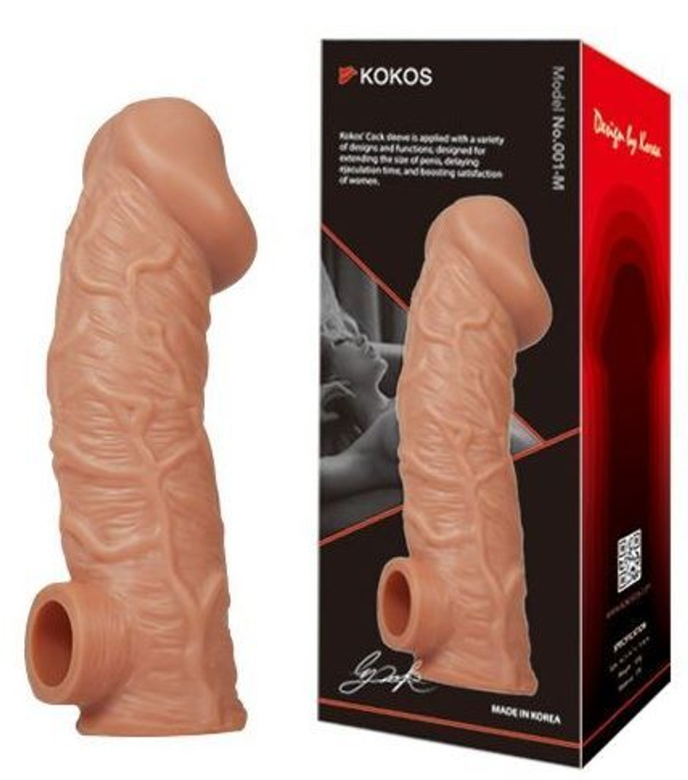 Телесная насадка на фаллос с фиксацией мошонки cock sleeve 001 size m - 15,6 см.