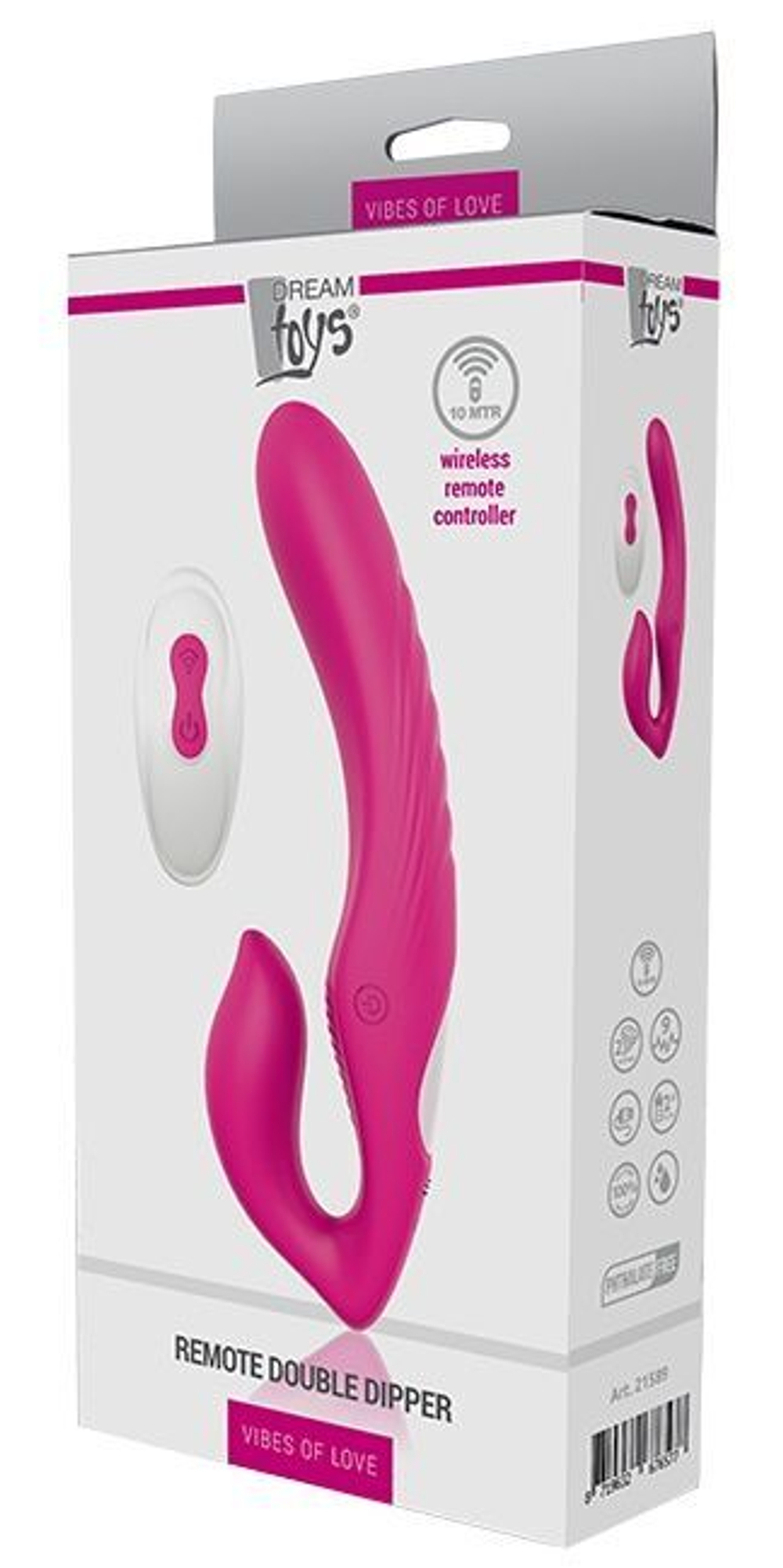 Ярко-розовый безремневой страпон remote double dipper - 22 см.