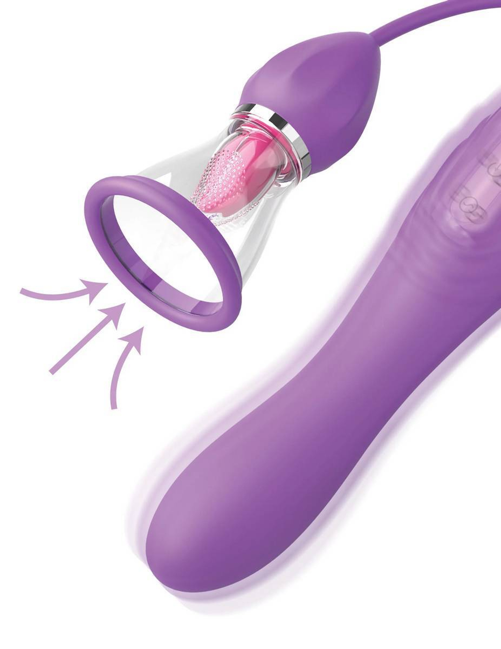 Сиреневый вибростимулятор с помпой и имитатором языка her ultimate pleasure max