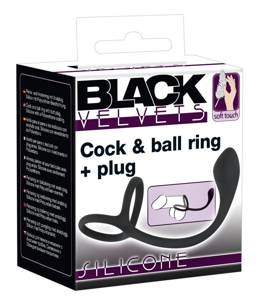 Эрекционное кольцо с утяжкой на мошонку и анальным плаг black velvets