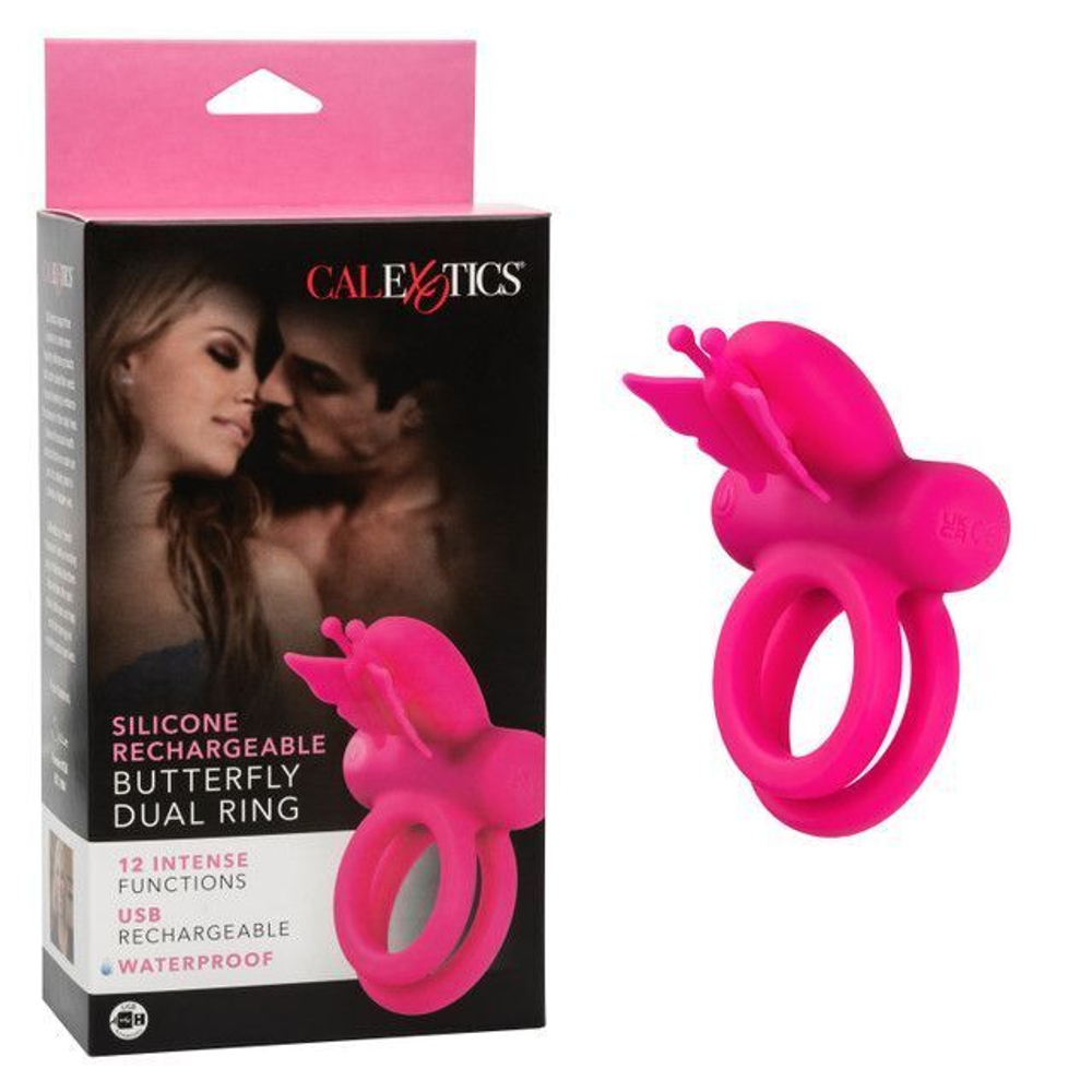 Розовое эрекционное виброкольцо silicone rechargeable dual butterfly ring