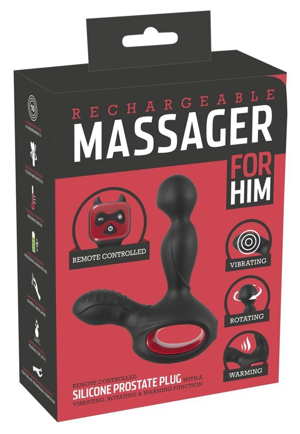 Черный вибромассажер простаты с нагревом и ротацией prostate plug - 14,5 см.