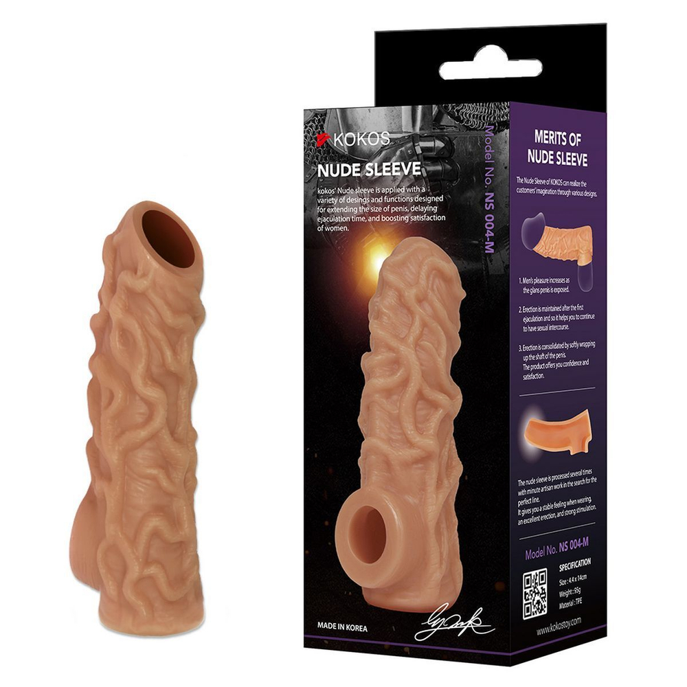 Телесная насадка с венками и открытой головкой nude sleeve m - 12 см.