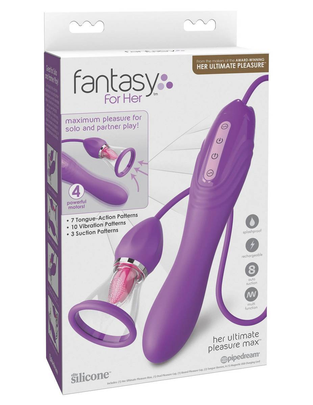 Сиреневый вибростимулятор с помпой и имитатором языка her ultimate pleasure max