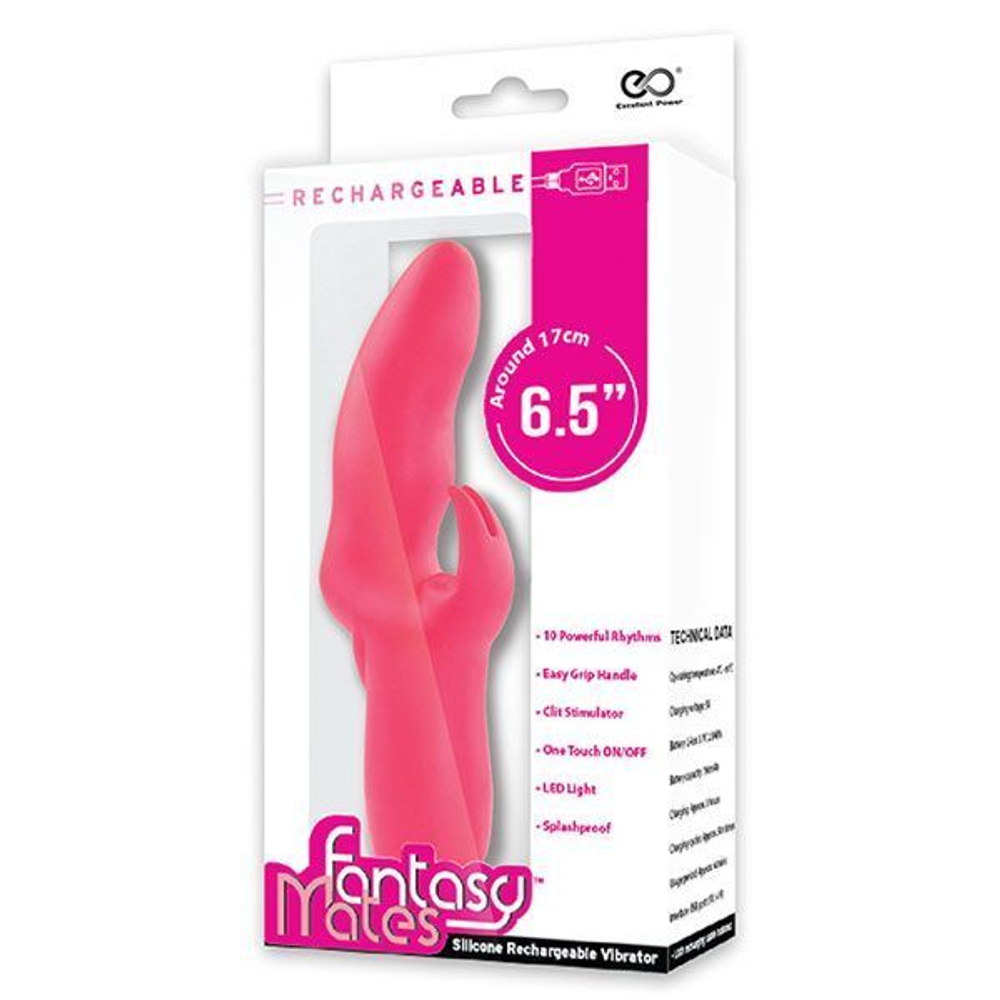 Розовый вибратор со стимулятором клитора mates fantasy recharge vibrator - 17 см.
