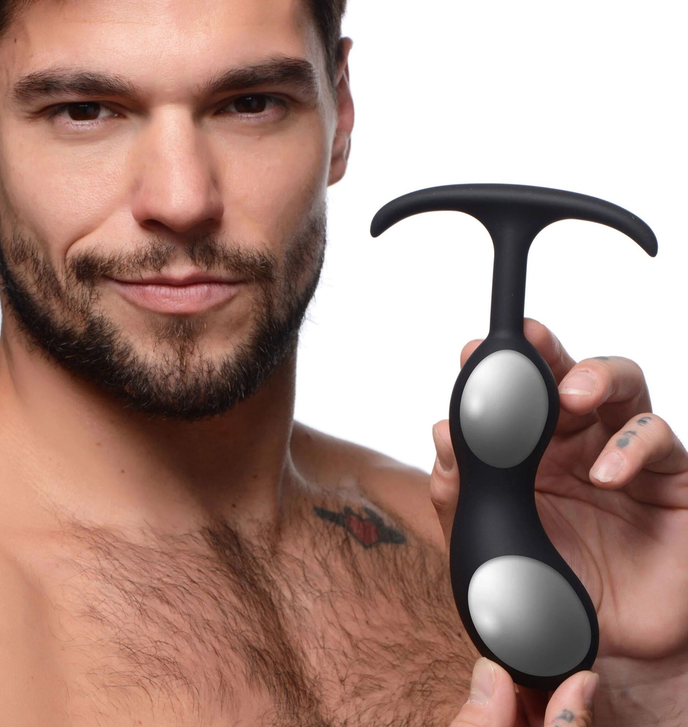 Черный массажер простаты с утяжелителями premium silicone weighted prostate plug