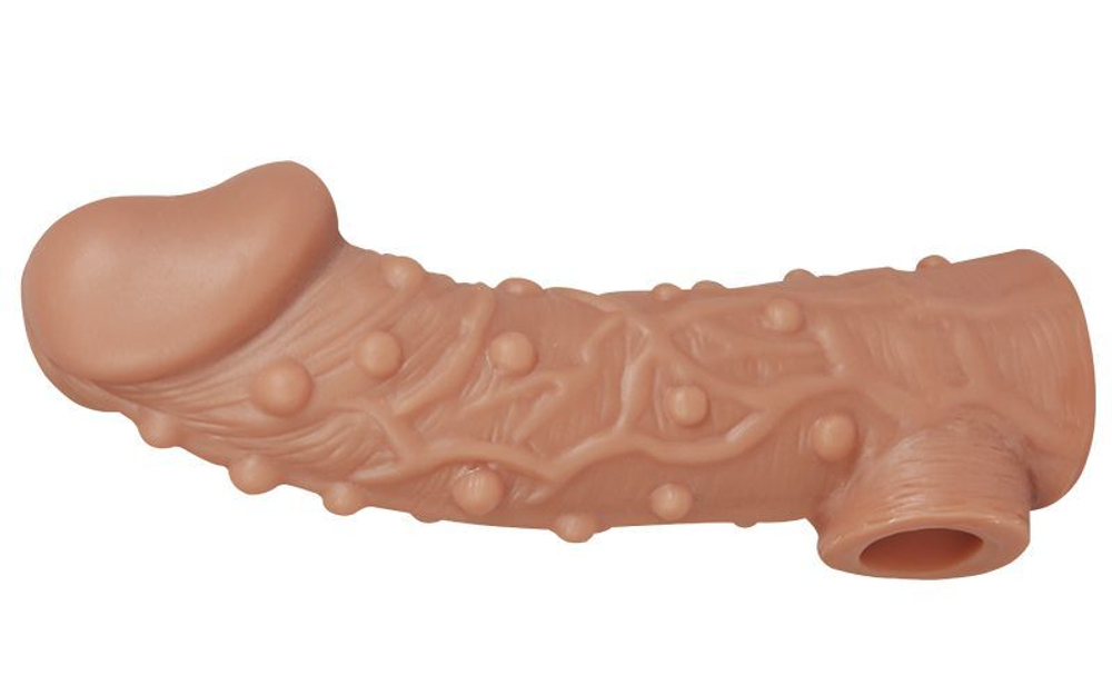 Телесная насадка на фаллос с отверстием для мошонки cock sleeve 002 size m - 15,6 см.