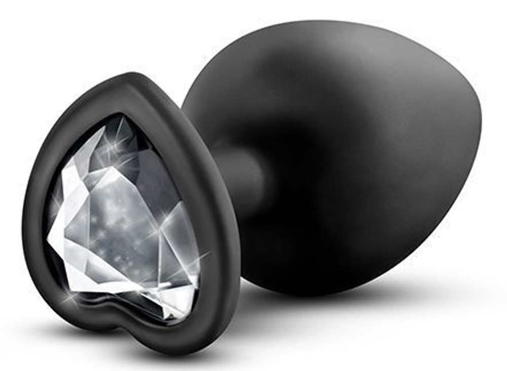 Черная анальная пробка с прозрачным стразом-сердечком Bling Plug