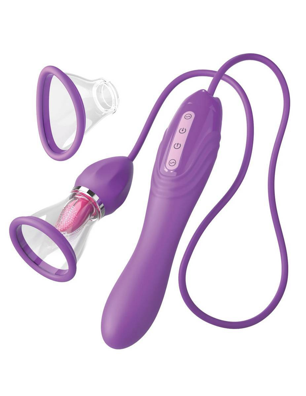 Сиреневый вибростимулятор с помпой и имитатором языка her ultimate pleasure max