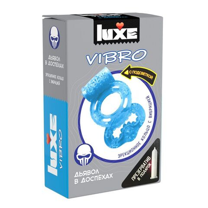 Голубое эрекционное виброкольцо luxe vibro «дьявол в доспехах» + презерватив