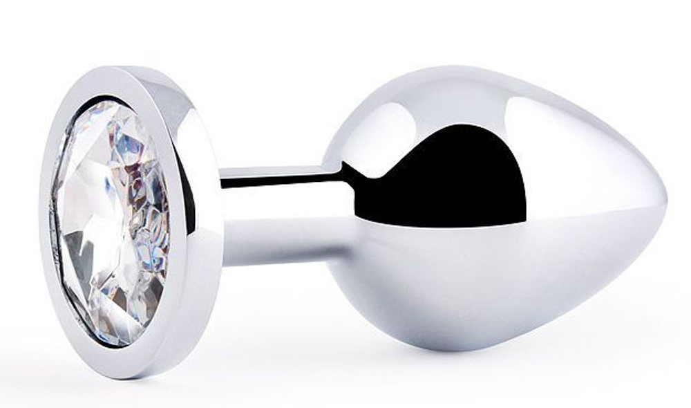 Анальная пробка silver plug medium с прозрачным кристаллом - 8,2 см.