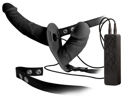 Чёрный вибрострапон с вагинальной пробкой double thruster - 17 см.