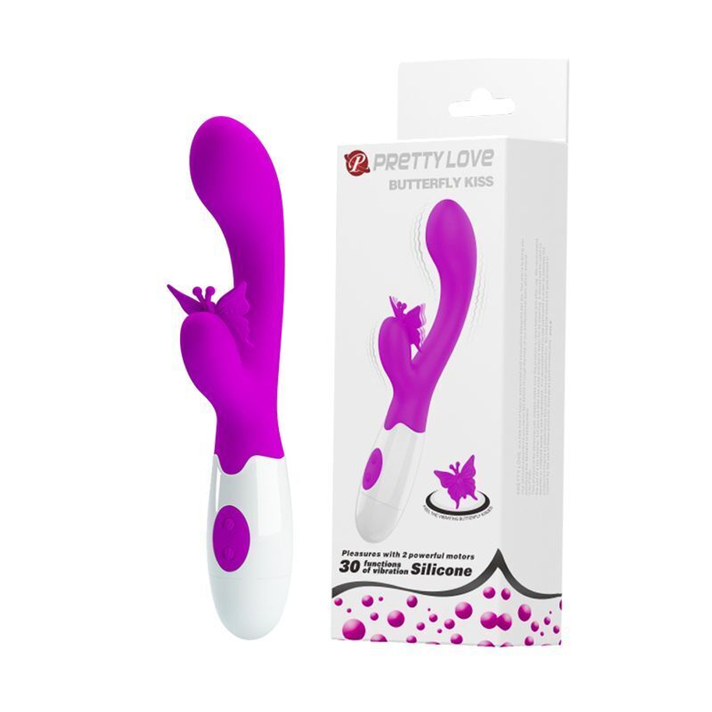 Вибратор с клиторальным стимулятором-бабочкой Butterfly Kiss - 19,9 см.